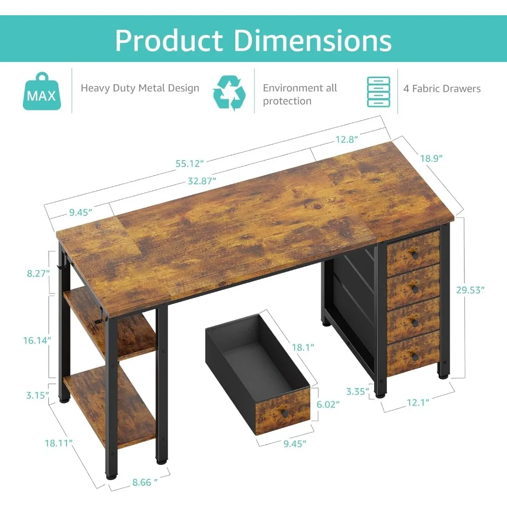 مكتب كمبيوتر حديث مقاس 55 بوصة مع 4 أدراج قماشية وأرفف تخزين للمكتب المنزلي ومكتب الكتابة والدراسة في غرفة النوم، Styli