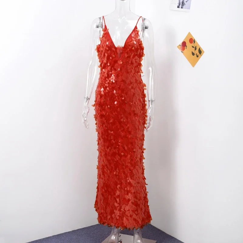2026 Glitter Pailletten Spaghettibandjes Dames Avondjurk Mouwloos Ruglooze Hoge Taille Vloerlengte Dame Verjaardagsfeestje Jurk