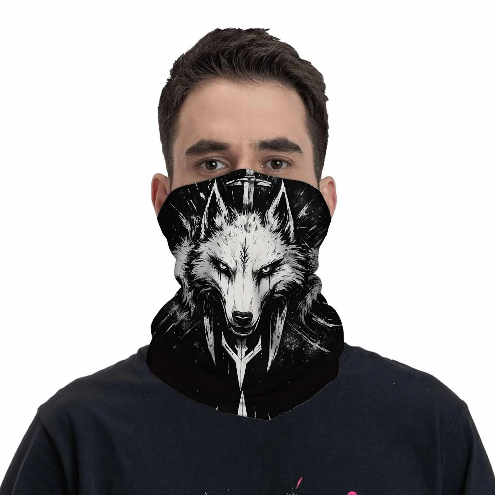 Customization Wolf, Symmetrical, Black And White Novel Design Multi-Functional Print Scarf Suitable For Outdoor Men Women