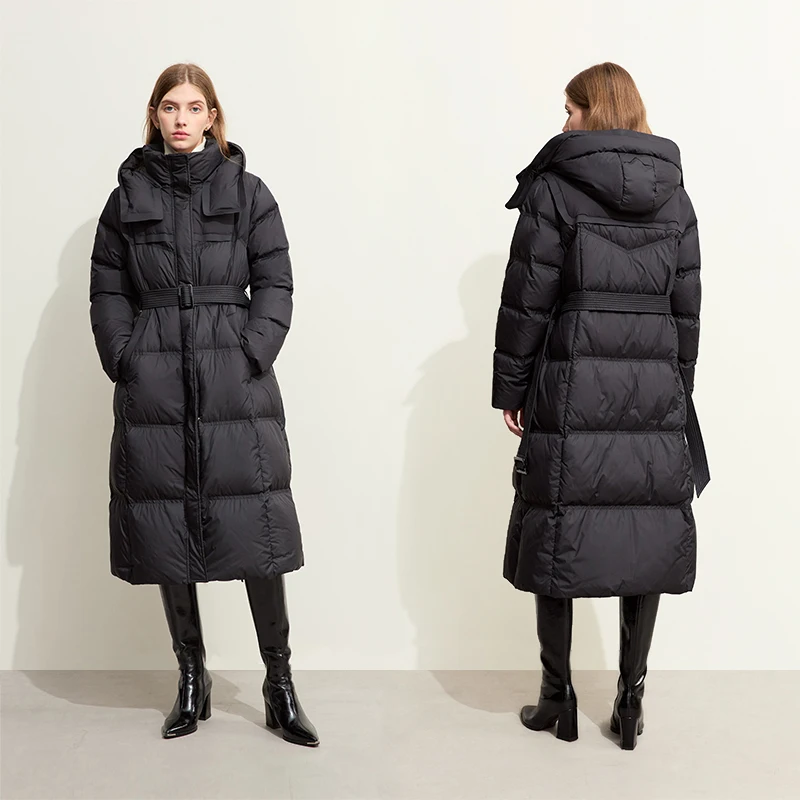 AMII مقنعين أسفل معاطف 2025 شتاء جديد دافئ مع حزام نفخة بطة سترة المرأة الياقة المدورة الصلبة تنوعا ضئيلة معطف طويل 12524003