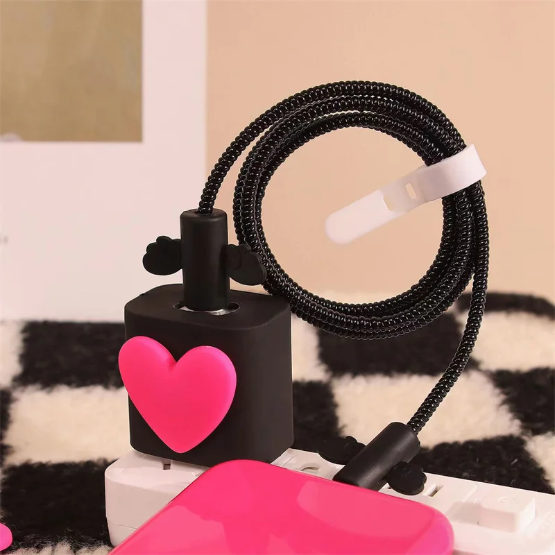 3D Cute Love Heart Silicone Phone Charger Protector For Apple Fast Charger 18W 20W Winder For IPhone 11 12 13 14 USB Data Case