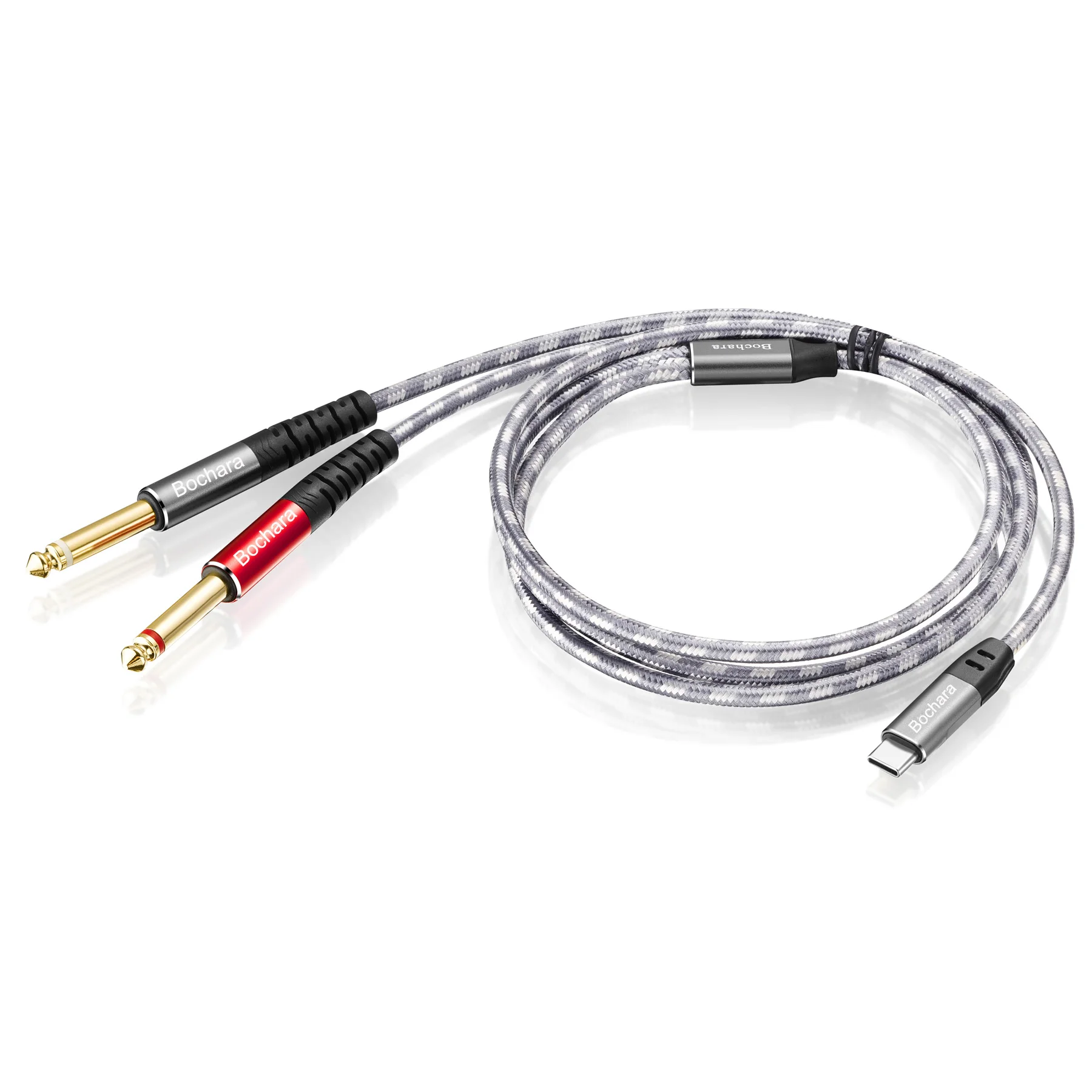 Bochara Braided Type C to Dual 6.35mm Jack OFC Audio Output Cable Built-in DAC IC Chipset 24bit@48KHz Foil+Braided Shielded