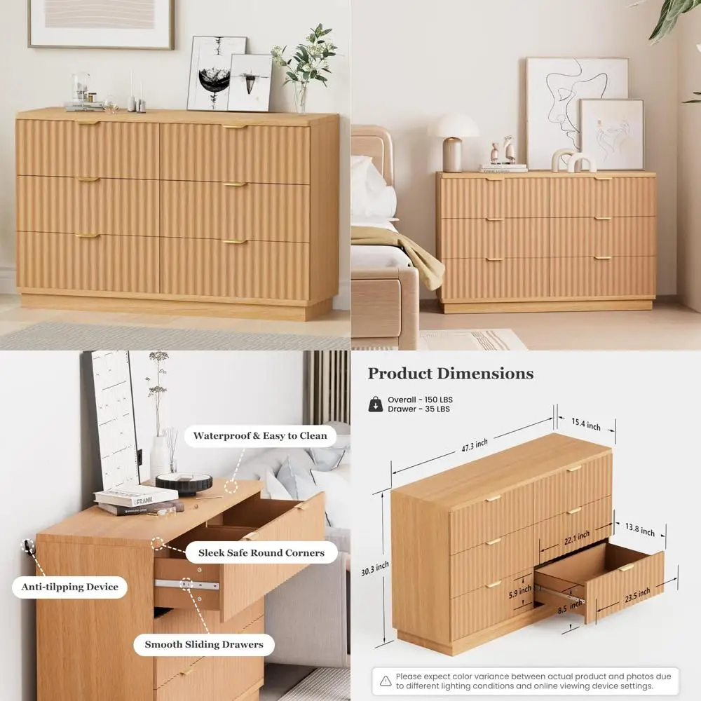 Cômoda moderna para quarto com 6 gavetas, baú largo 47,3 com perfil curvo, móveis de madeira para armazenamento de sala de estar