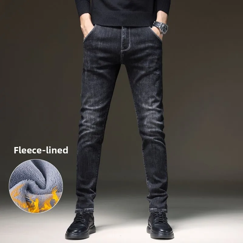 Celana Jeans Pria Model Y2K 2025, Longgar, Tebal, Berbahan Fleece, Kasual, Serbaguna, Kelas Atas, Slim Fit, Kaki Lurus, Musim Gugur Musim Dingin, Hangat