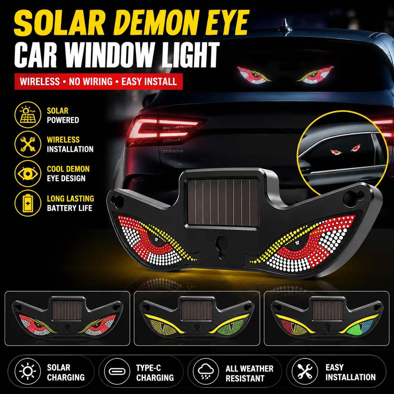

Solar Powered Demon Eye Car Window LED Light Wireless No Wiring Type-C & Solar Dual Charging Warning Light For Car Rear Window