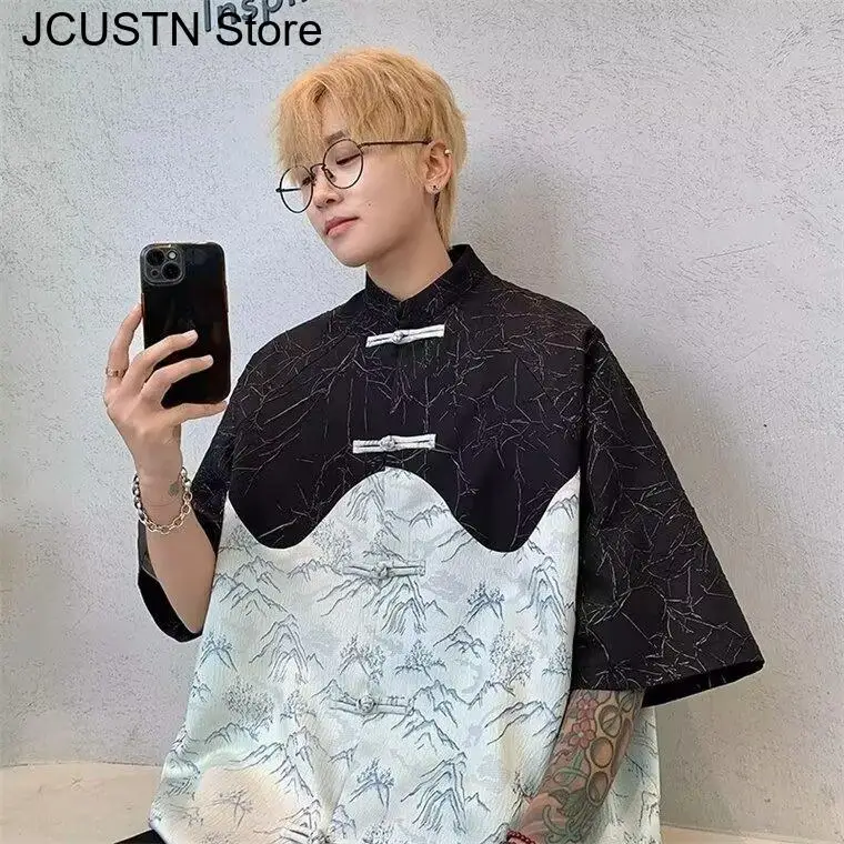 Improved Short Sleeve Tang Clothes Vintage Embroider Flower Men's Clothing Frog Hombre Printed Patchwork Loose Vintage Shirts