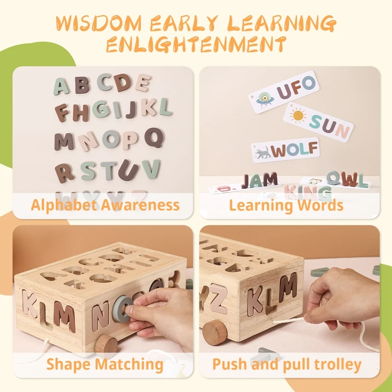 Jouet Alphabétique Montessori Multifonctionnel en Bois pour Bébé, Voiture à Empiler, Cadeau de Nuit pour Enfant