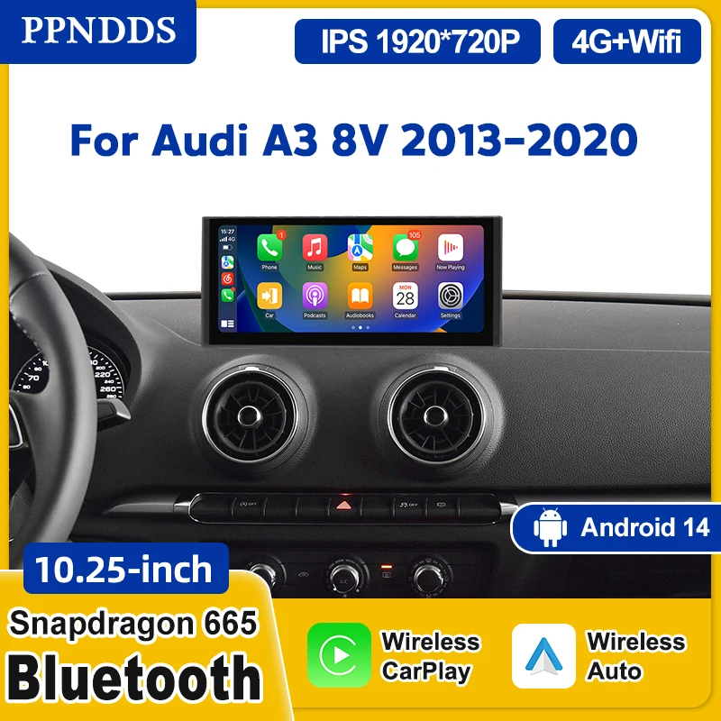 PPNDDS Android 14 Car Screen Player For Audi A3 8V 2013-2020 GPS Navi Multimedia Stereo 8+64G+128GB RAM WIFI Google Carplay
