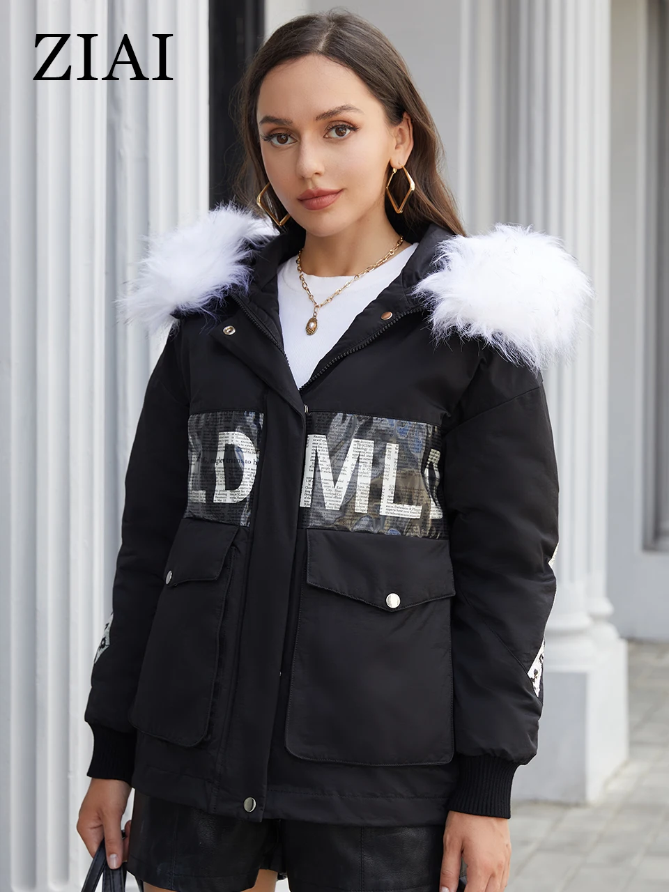 ZIAI coats woman winter 2022 White Big Fur Collar Hot Sale Parka Women's Jacket Letter Fashion Ladies Big Pocket  outwear ZR7247