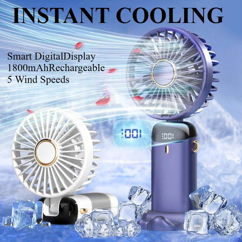 Mini Handheld Fan Foldable Portable Neck Hanging 5 Speed USB Rechargeable 1800mAh Fan with Phone Stand and Display Screen