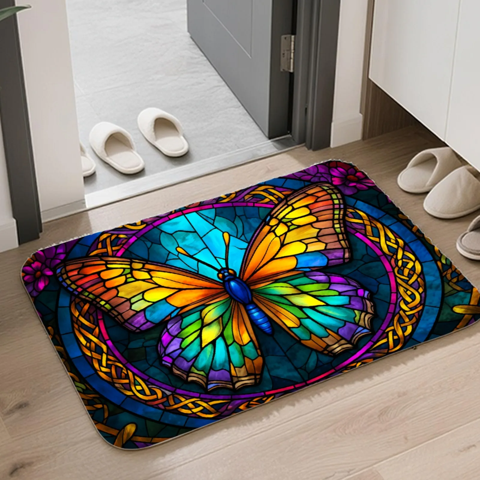 1pc Stained‑Glass Butterfly & Celtic Knot Welcome Doormat, Flannel Floor Mat for Front Door, Kitchen, Bathroom, Home Decor,