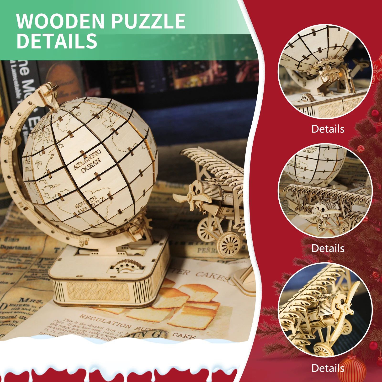 2 ชิ้น 3D ปริศนาไม้ งานฝีมือ DIY ทำจากไม้ รูปเครื่องบินสองปีกและลูกโลก ชุดโมเดล ของขวัญวันเกิดคริสต์มาสทำด้วยมือ