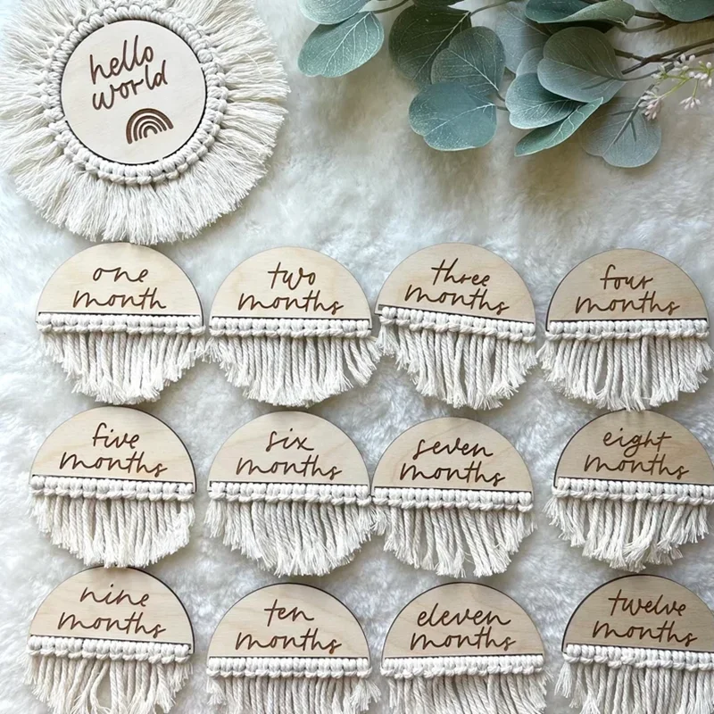 

rainbow boho baby photo props monthly milestone macrame milestone wood cards set