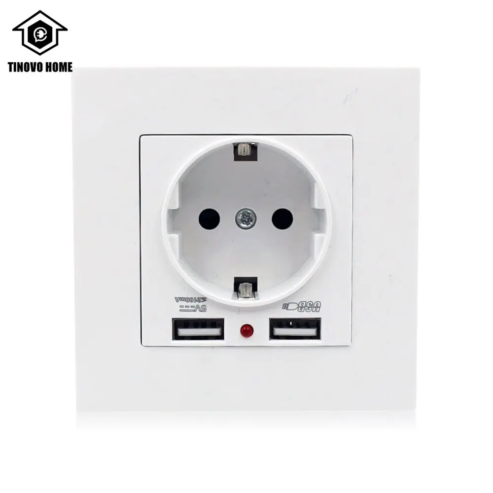 

TINOVO,Wall 16A Power Socket, New Panel,AC 110V-250V,White, 2 USB 5V 2.1A ,Household Bedroom Embedded EU Standard Outlet