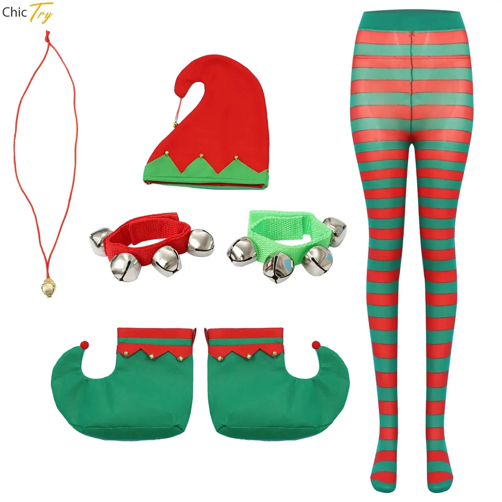 

Christmas Elf Cosplay Costume Santa Claus Hat Necklace Stockings Bracelet Headband Elf Ears Glasses Stage Shows Party Dress Up