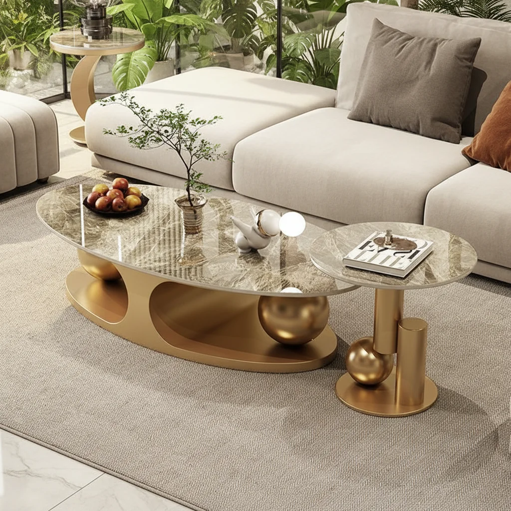 #Luxury Oval Glossy Sintered Stone Coffee Table With Stainless Steel Frame Modern Minimalist Design Home Furniture Living Room