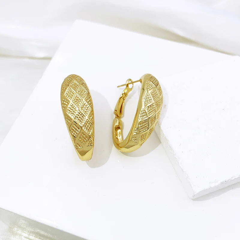 Jewelry Set For Women Fashion 18K Gold Plated Africa Nigeria Jewelry Full Set Grid Pattern Necklace Earring Ring Bracelet Trendy