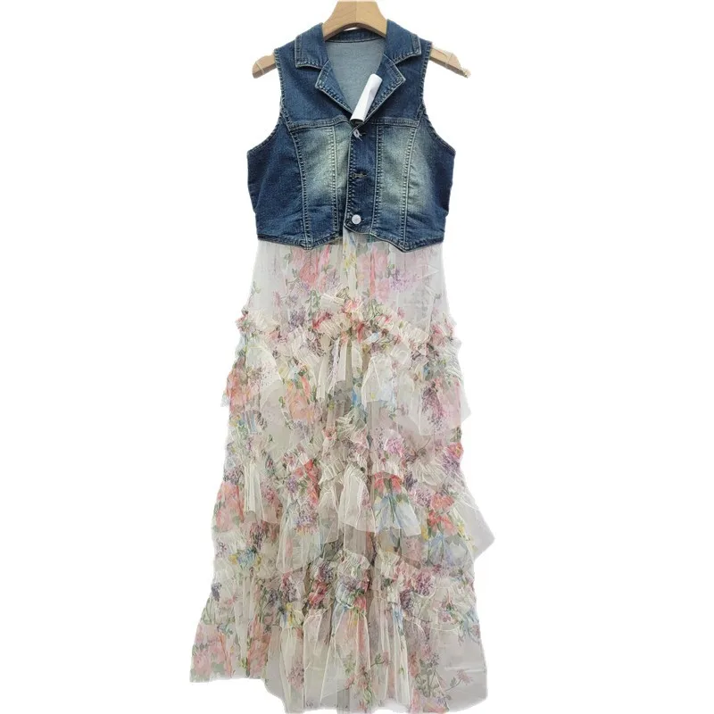 Estilo coreano fino ajuste denim colete retalhos impresso malha saia feminina moda floral em camadas fofo saia longa primavera verão novo