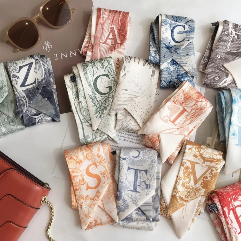Satin Long Ribbon 26 Letters Scarf Bow Head Rope Female Headwear Korean Style Headband Silk Scarf Headband Printing Hair Scarf