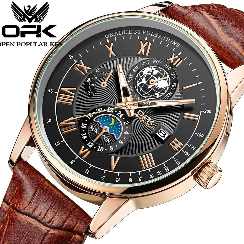 OPK 8153 Man Watch Simple Fashion Original Business Belt Quartz﻿ Wristwatches Waterproof Week Date Moon Sport Watch For Man