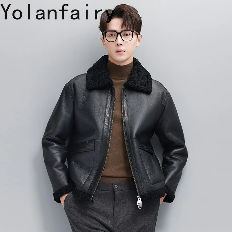 YOLANFAIRY 남성용 오리지널 모피 및 가죽 통합 자켓 따뜻한 겨울 하이 엔드 천연 모피 코트 남자 리얼 Lambswool 모피 코트