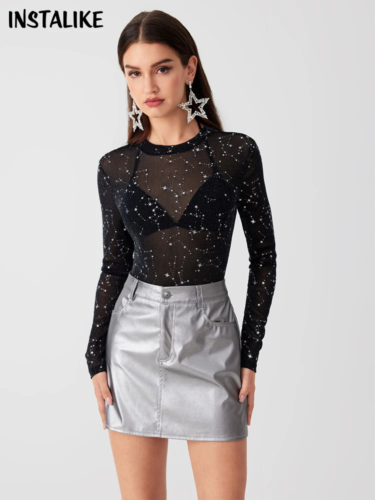 

InstaLike-O Neck Star Mesh Bling Crop Top for Women,See Through Pullover, See Through Tee, Elegant Club Clothes, 2024 Fashion