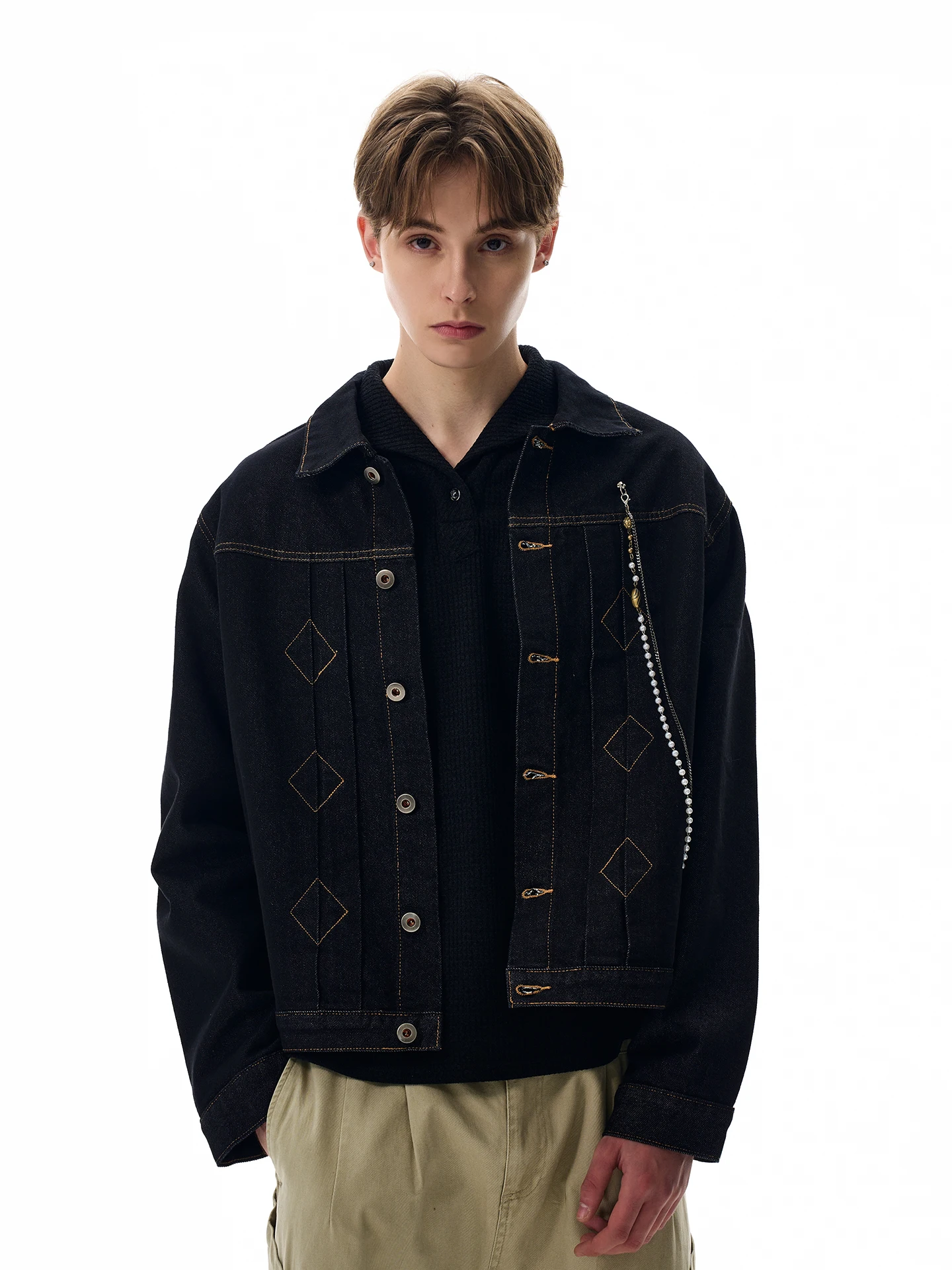 

Retro Denim Original Color Embroidered Chain Casual Jaet Diamond Pattern a PUEE Denim Jaet for Youth Spring Autumn