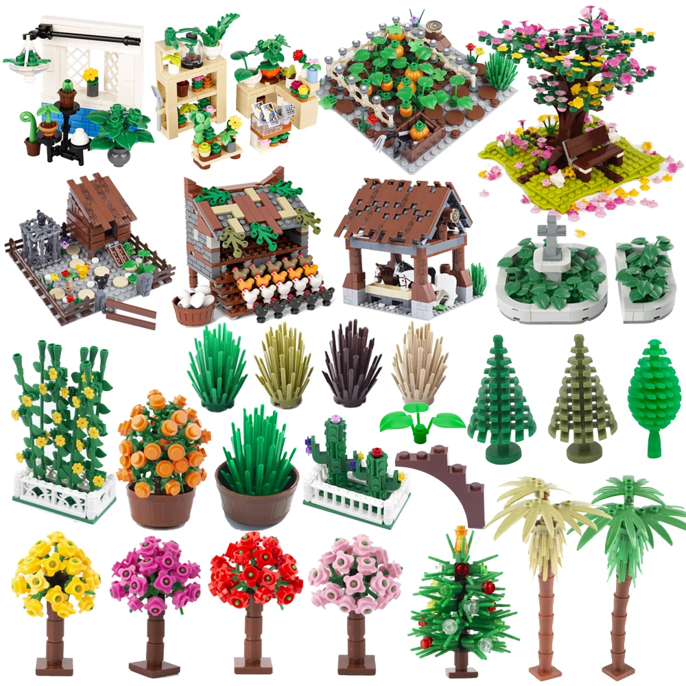 MOC City Farm Animal Plant Building blocks Chicken Nest Accessory Scene Flower Bed Horse Barn Tree Compatible DIY Toy Gifts K127