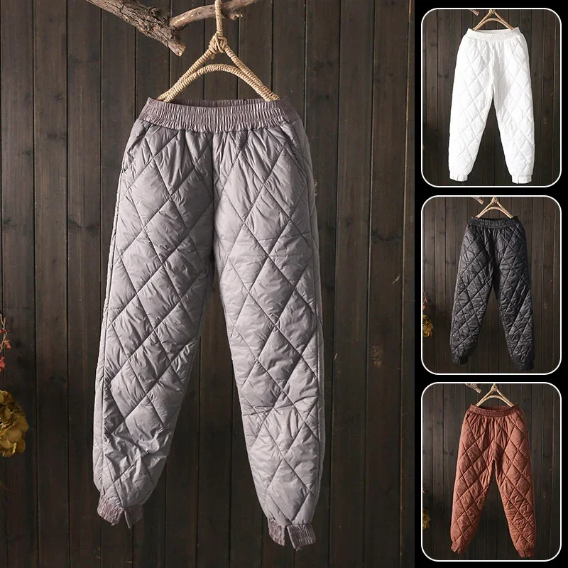 Women Winter Warm Down Cotton Pants Thick Padded Quilted Trousers Joggers Elastic Waist Casual Trousers 3XL