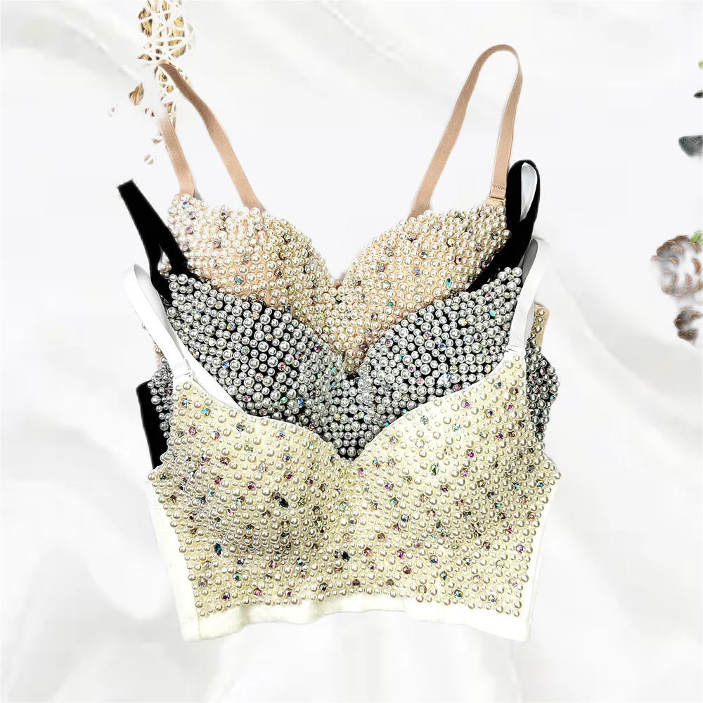 

SXTHAENOO 2023 New Summer High Quality Hand-made Pearls Jewel Beading Women's Sexy Bustier Bra Cropped Sling Top Vest Bra Bling