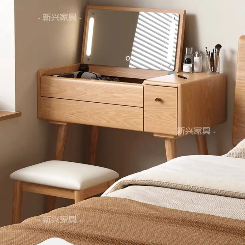 

Solid wood dresser rubber wood modern simple small apartment bedroom integrated with mirror Japanese flip cover makeup table