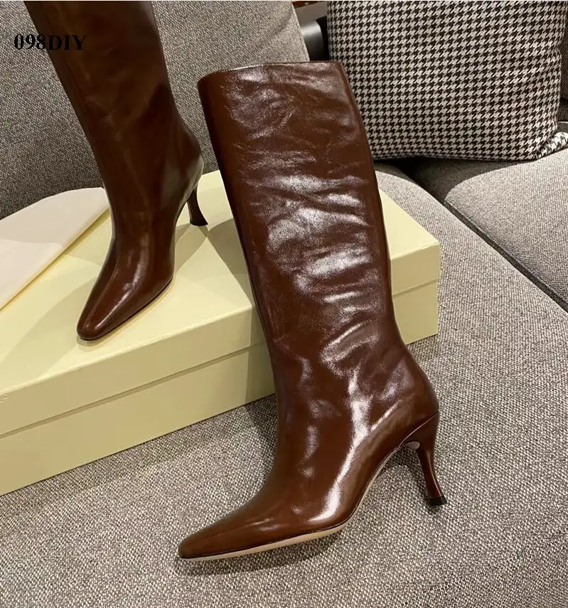 

Real Photo Leather Wrapped Heeled Knee High Walking Boots Women High Heel Pull On Pointed Toes Long Bota