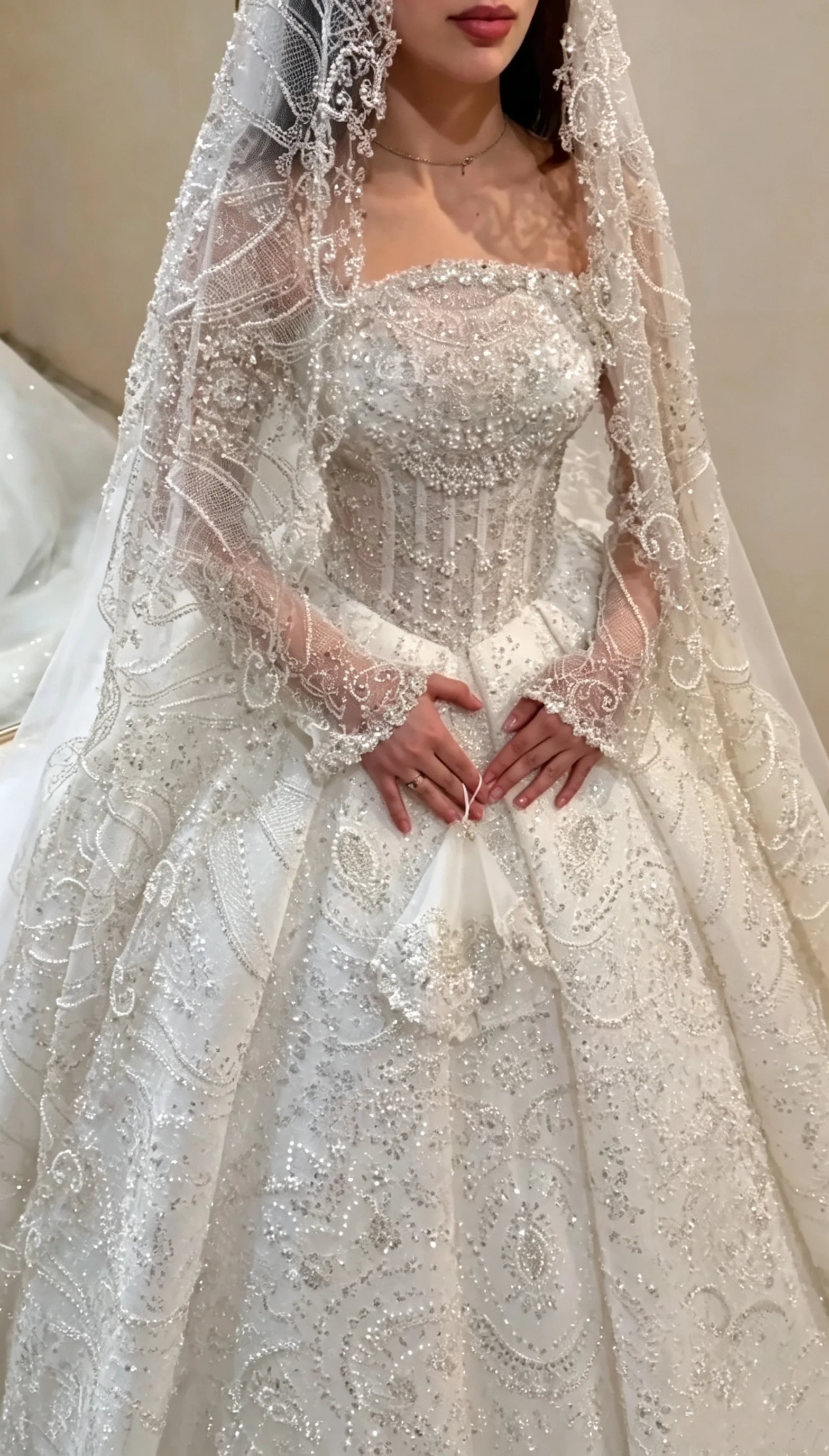 Luxury Sparkling Phantom Long Sleeve Princess Wedding Dress Diamond Lace A-line Ball Dress Cathedral Train Bride Dress Customize