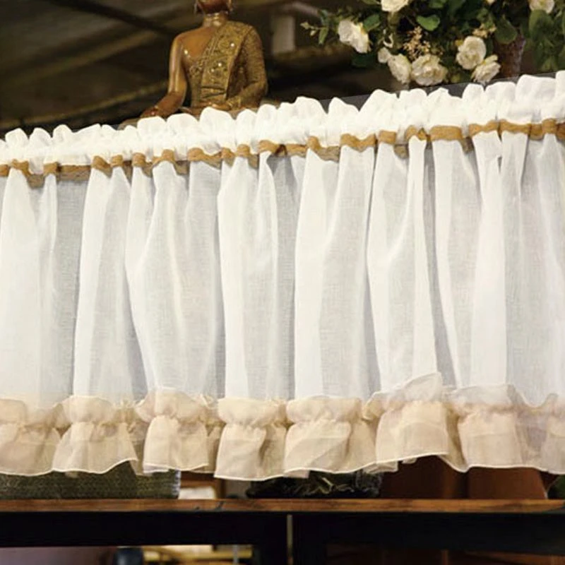 Window Valance White Linen Ruffle Short Curtain Rod Pocket Farmhouse Rustic Kitchen Decor Sheer Valances W150xL60cm 1pc