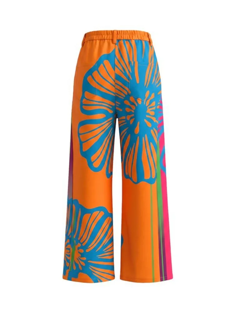 Yeezzi Women High Waist Wide Leg Pants Blue Floral Printed Metal Eyelet Cutout  Loose Full Length Casual Streetwear Trousers view 5