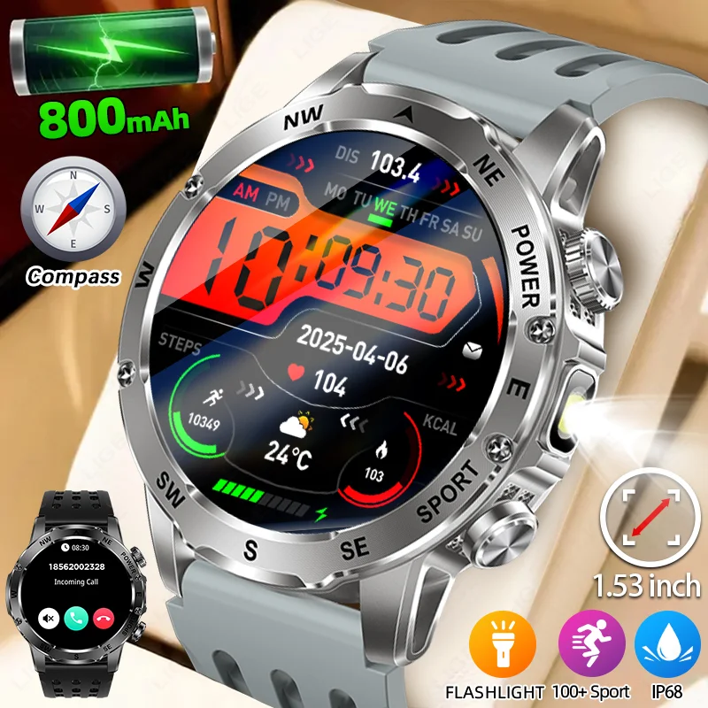 LIGE Military Men's Smart Watch 800mAh Large Battery Compass Flashlight Smartwatch 100+ Sports Bluetooth Call 2025 New Watches