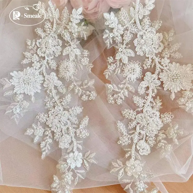 34X17CM Weiße Rayon-Perlen-Pailletten-Blumen Bestickte Spitzen-Spiegel-Applikation. Braut-Kopfschmuck. Patch DIY Hochzeitsaccessoires zum Nähen. – Detail 7