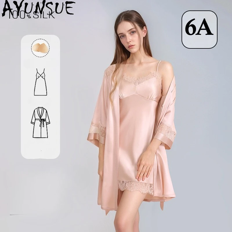 

AYUNSUE 16Mm 100% Real Mulberry Silk Robe & Gown Sets Women Spring Summer Dress Pajama Sexy Sleepwear Women's Home Clothes