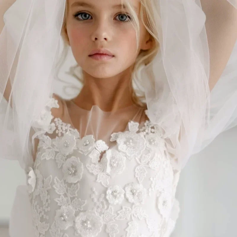 Vestidos de flores para niña, vestidos de primera comunión para fiesta de cumpleaños, tul blanco, patrón de flores hinchadas con lazo, manga larga para boda