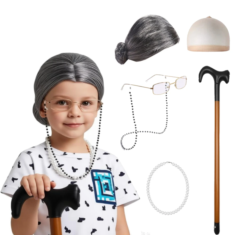 Old Lady Costume Accessories for Kids Girls 100th Day of School Costume with Grandma Glasses Necklace Wig Granny Cane Dress Up