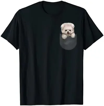 Cachorrinho Pomeranian fofo com bolso, filhote de cachorro fofo, amantes de cachorro, presente, camiseta 100% algodão, gola redonda, manga curta, verão, casual, camiseta masculina