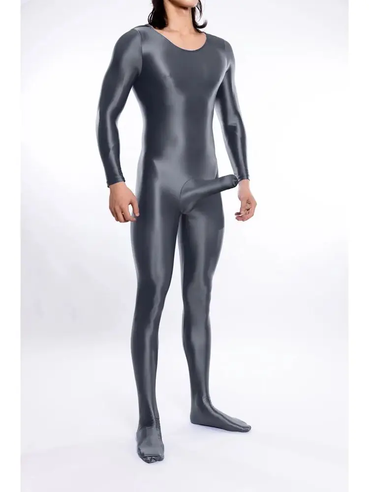 M-XL لامعة لامعة النايلون Catsuit بوديستوكينج القضيب غمد ارتداءها الجوارب مثير يوتار الملتصقة Unitard الملابس الداخلية منامة الجسم