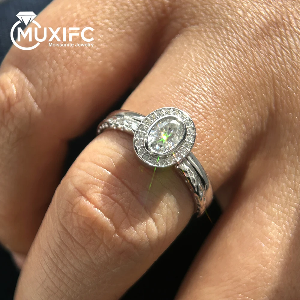 MUXIFC 4*6mm Oval Cut Moissanite Wedding Ring D Color Lab Grown Diamond Double Row Engagement Band 925 Silver Fine Jewelry Gift
