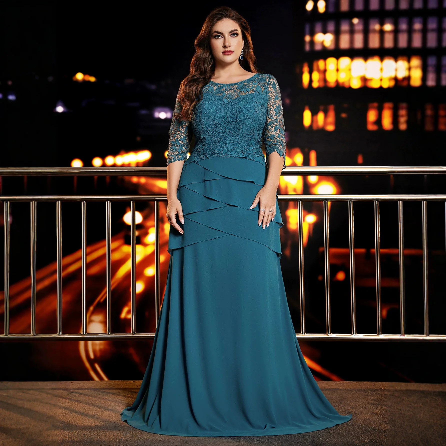 

Round Neck Three Quarter Sleeve Floral Lace Tiered Chiffon A Line Dress Teal Plus Size Flowy Floor Train Gala Cocktail Long Gown
