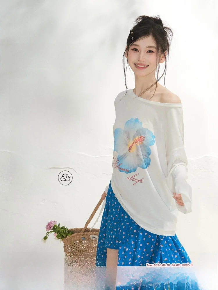 

ELEVEN SP Summer Floral Print Long Sleeve Drawstring White Thin Korean Style Women's T-shirt Loose Fit Breathable Casual Top