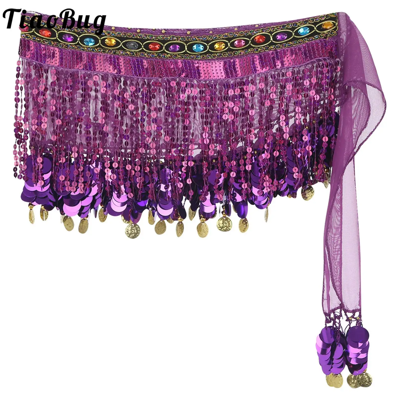 Bellydance Hip Scarf with Dangling Sequins for Belly Dancer Waist Chain Skirts Wrap 10 Colors Cute Stage Dance Wear for Women