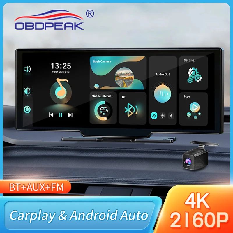 OBDPEAK K2 2.0 대시캠 – 10.26인치 4K 자동차 DVR, CarPlay 및 안드로이드 오토 지원, GPS 내비게이션, 백미러형 비디오 녹화기