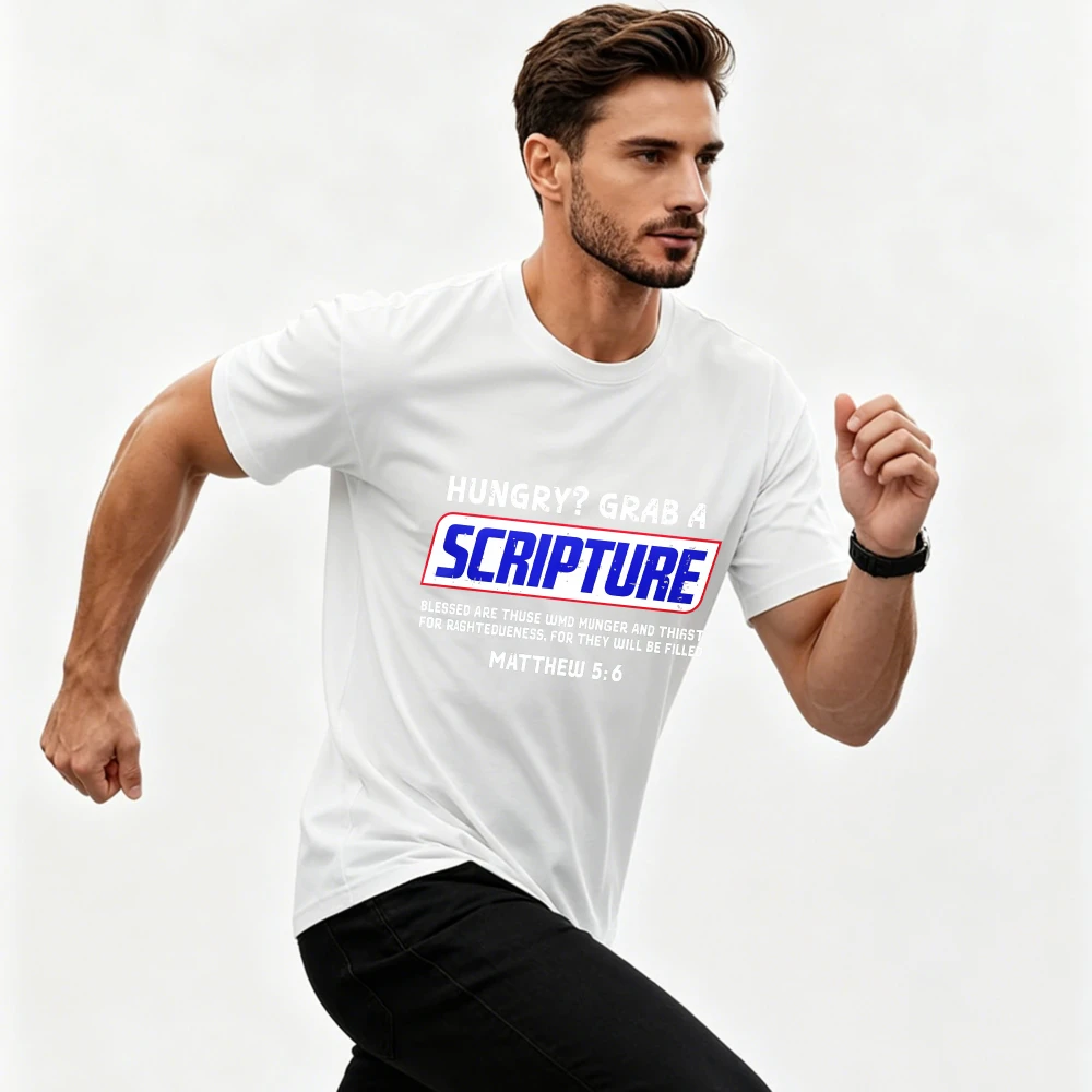 Retro Hungry Grab A Scripture Matthew 5:6 Print Tshirt Christian Beatitudes Graphic Short Sleeve Casual Church Daily Wear Tee