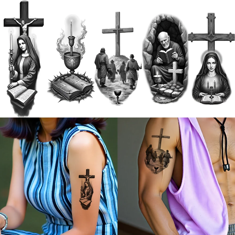 12pcs Temporary Tattoo Praying Woman Realistic Temporary Tattoos Candle Dove Waterproof Long-lasting Body Stickers Cross For