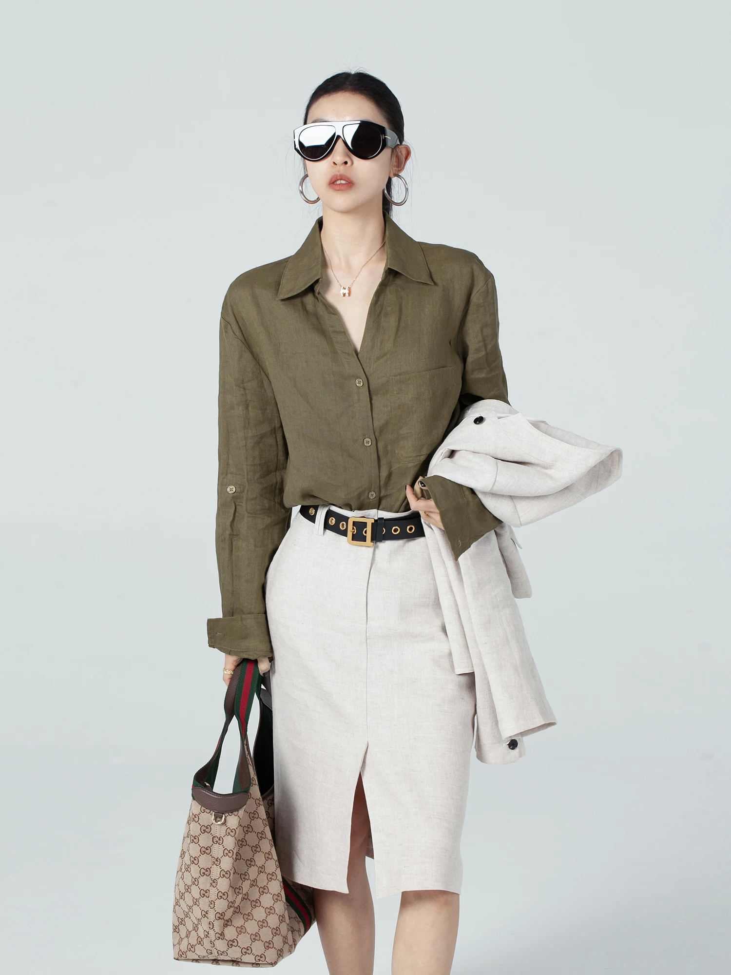 

Biossance Loose Linen Shirt Women's Antibacterial Breathable Sun Protection Long Sleeve Flip Collar Lazy Style Fashionable Wr...